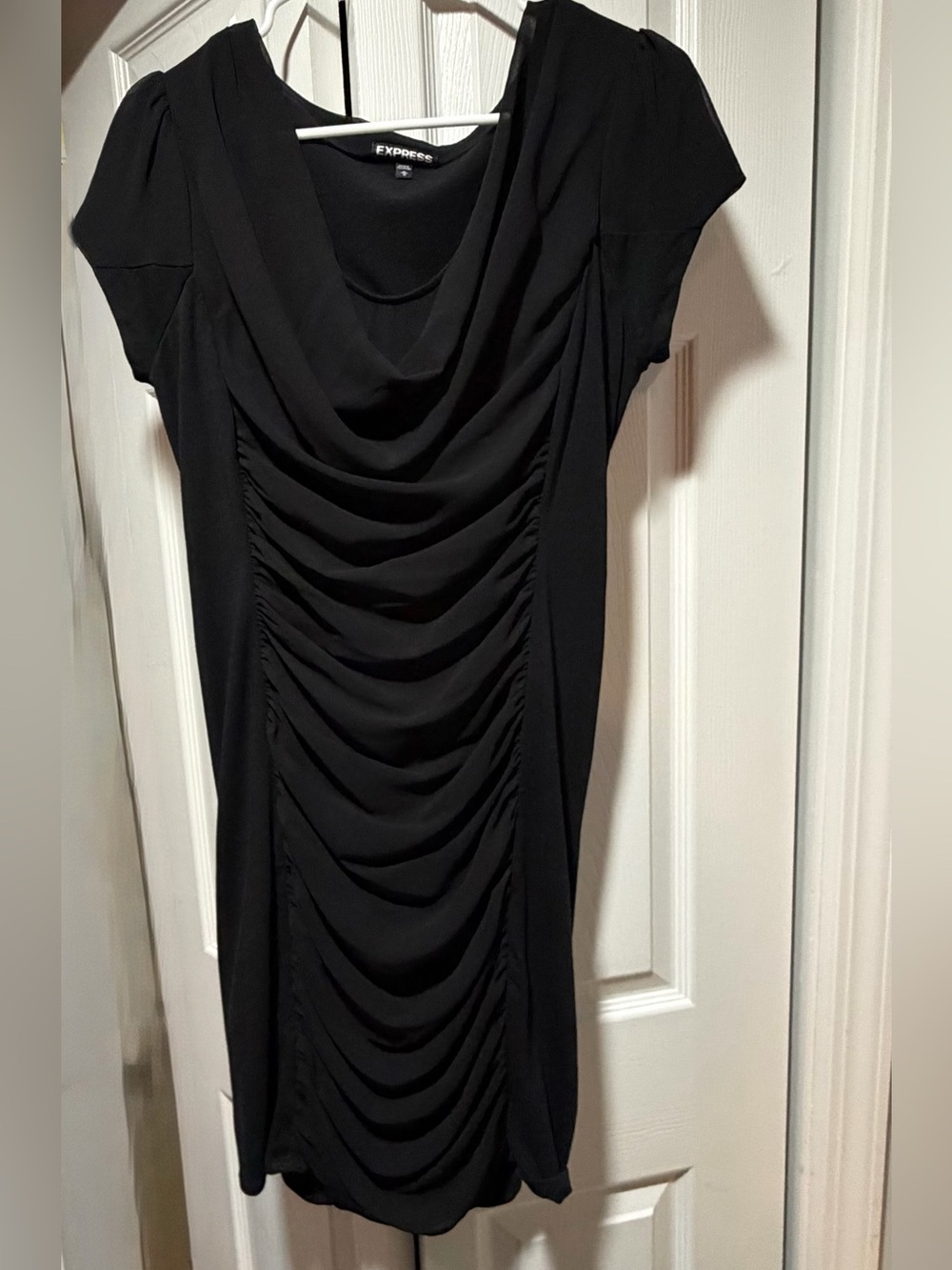 Express Black Ruched Cowl Neck Short Sleeve Dress